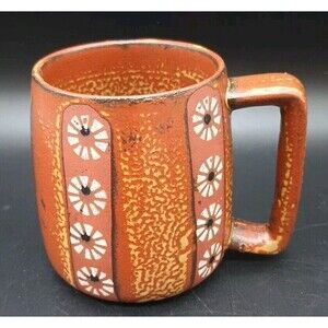 MCM Redware Mug Brown Yellow Floral Daisy Square Handle